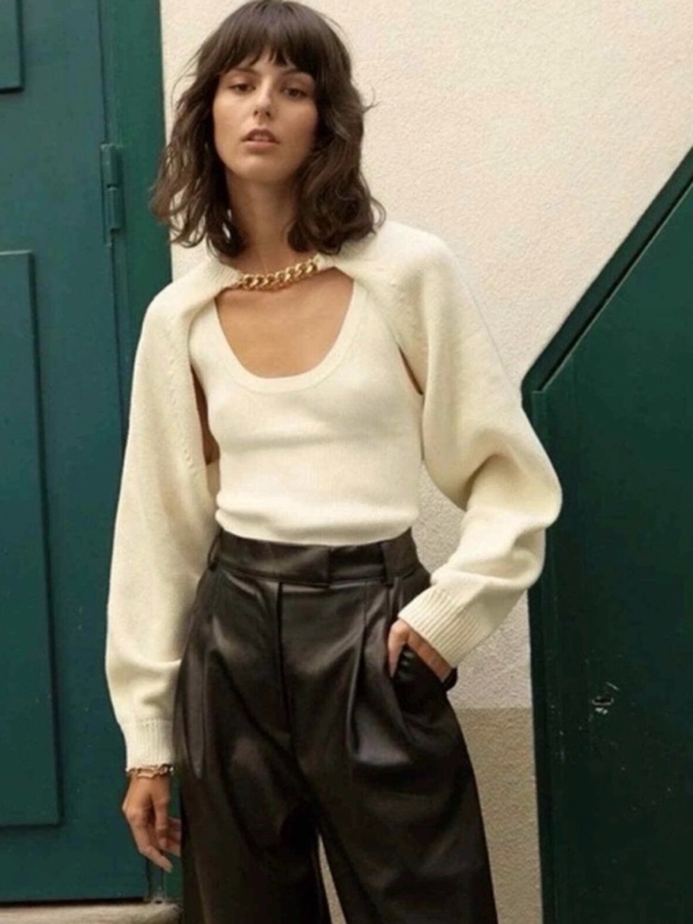 Pixie Market Cream Cutout Shrug with Tank and Chain Detail